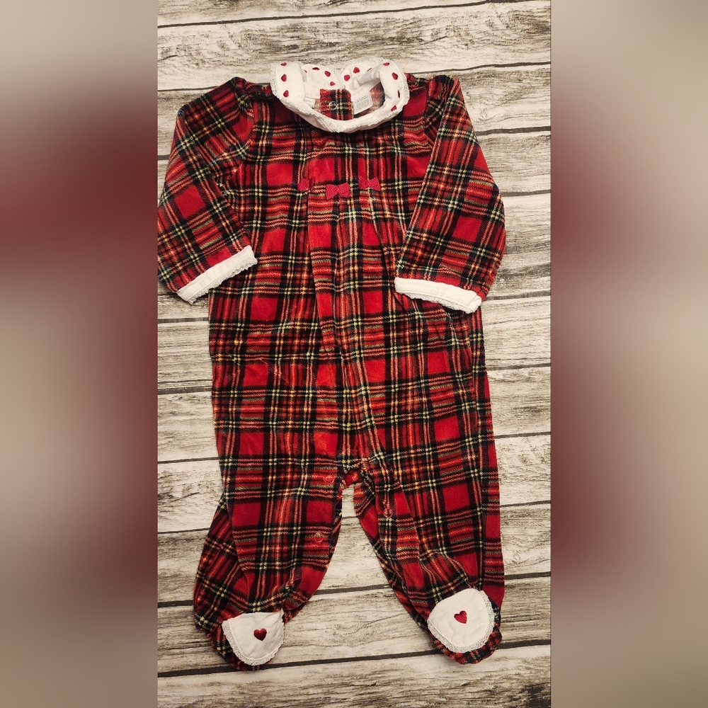 First Impressions velvety red plaid sleeper. 3-6 months, 12-17 pounds.